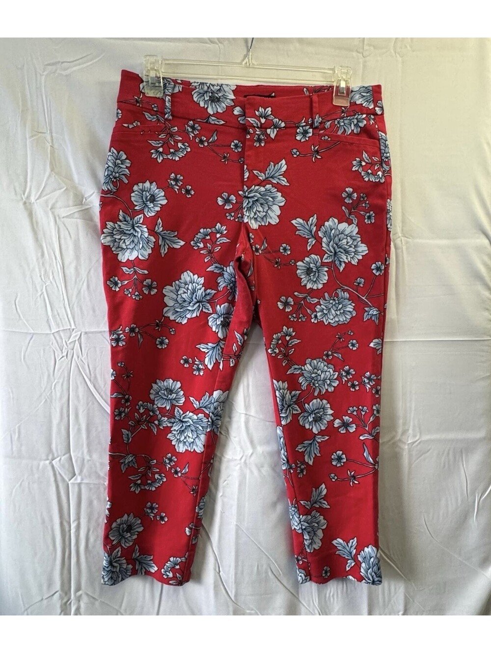 Roz & Ali Pants 14P Petite Red Floral Ankle Stretch Cotton